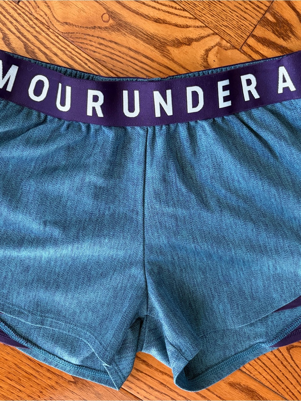 Under Armour Teal Athletic Shorts with Purple Waistband